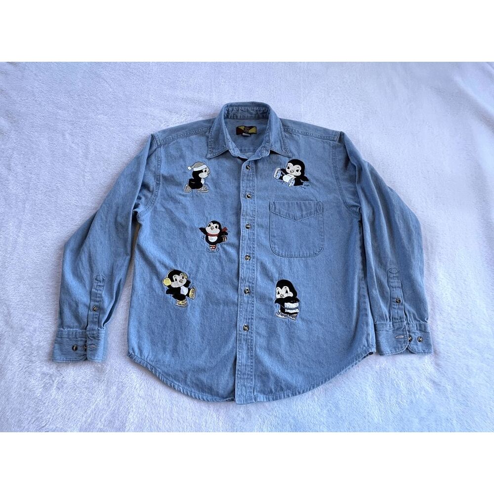 Camp Creek Jean Button Down Shirt, Skating Baby Penguins, Embroidered, Size M
